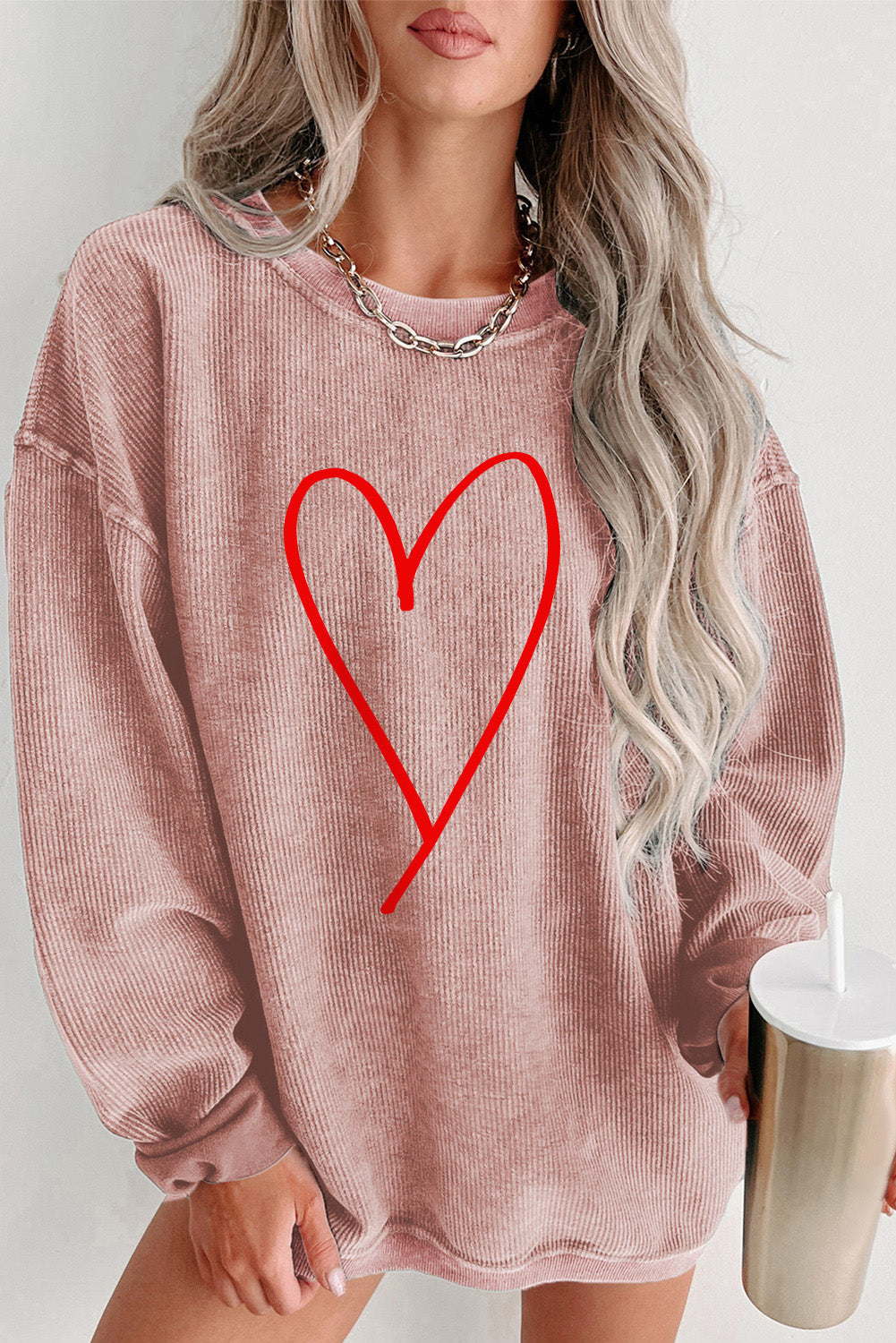 Heart Round Neck Dropped Shoulder Sweatshirt - Dusty Pink / L - Sport Finesse