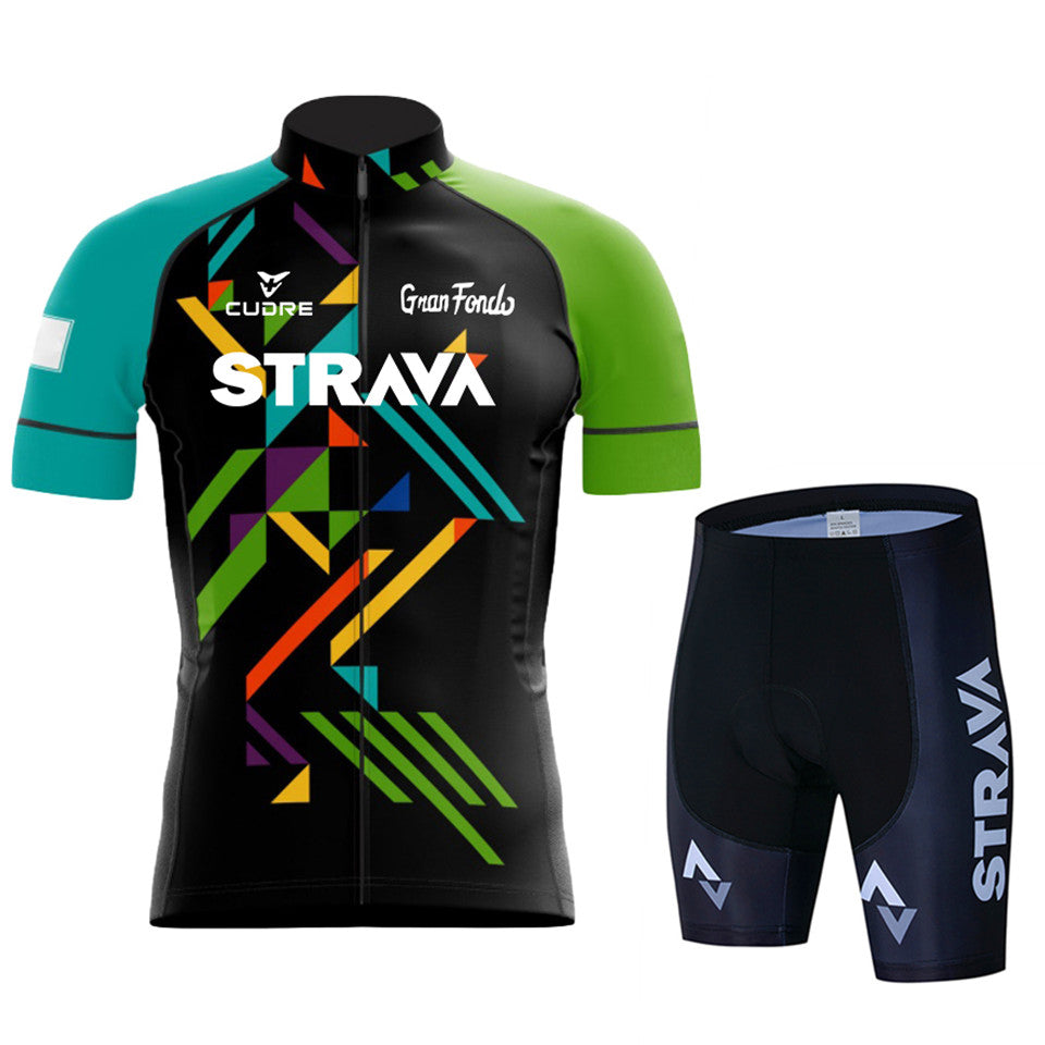 New Strava Summer Cycling Jersey Set - Green Black Pattern / Shorts / S - Sport Finesse