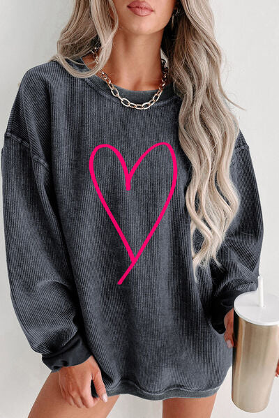 Heart Round Neck Dropped Shoulder Sweatshirt - Charcoal / S - Sport Finesse
