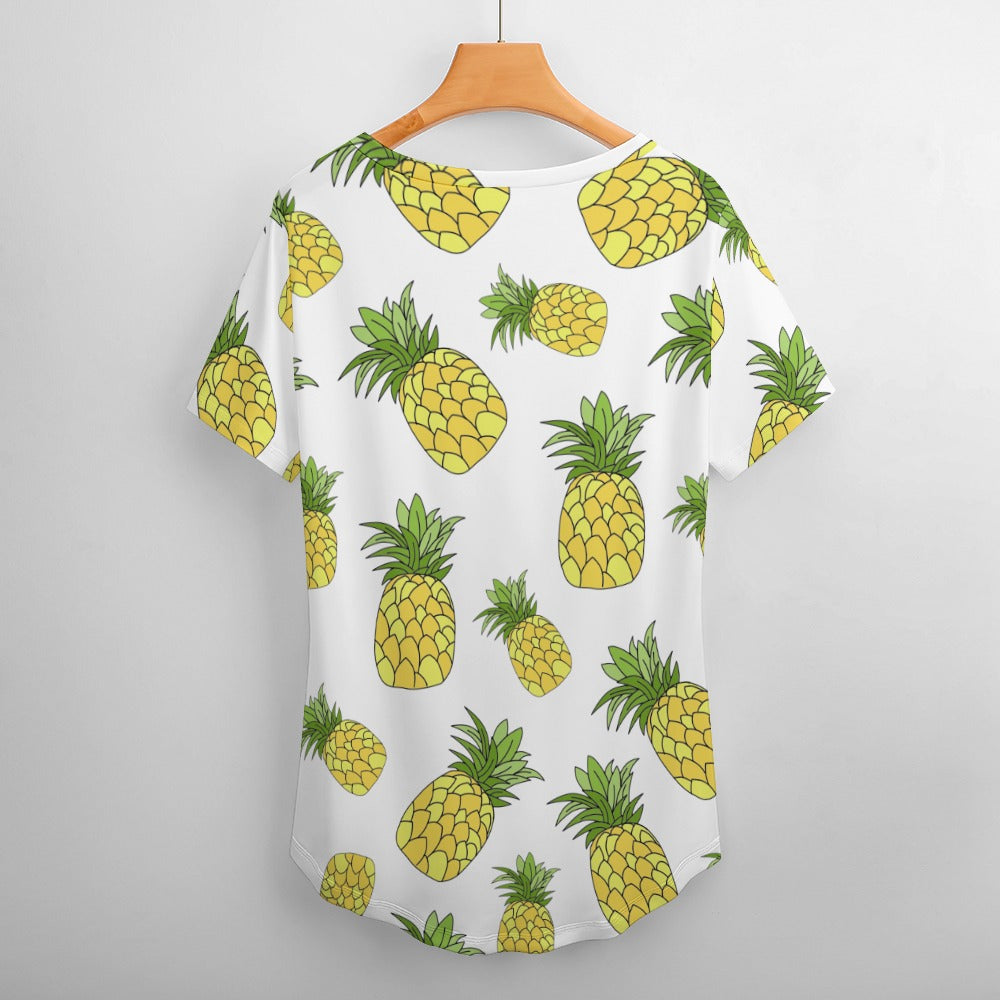 Pineapple Print Plus Size Ladies V-Neck Short Sleeve T-Shirt - Sport Finesse