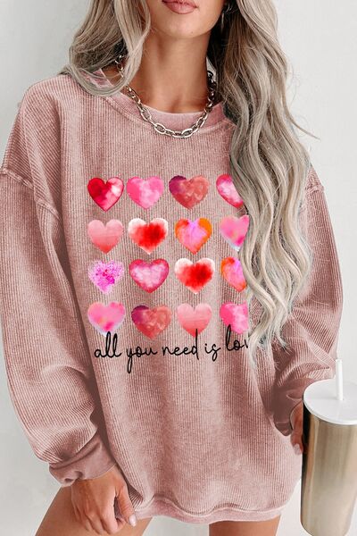 ALL YOU NEED IS LOVE Heart Round Neck Sweatshirt - Dusty Pink / S - Sport Finesse