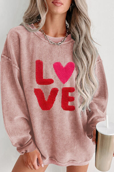 LOVE Round Neck Dropped Shoulder Sweatshirt - Dusty Pink / S - Sport Finesse