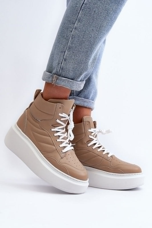 Beige Natural Leather High Platform Sneakers