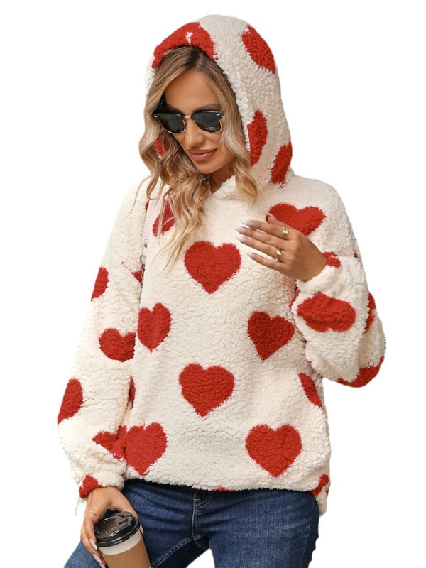 Loose Plush Hooded Love Print Sweatshirt