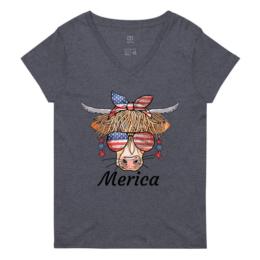 Merica Cow recycled v-neck t-shirt - Heathered Navy / S - Sport Finesse