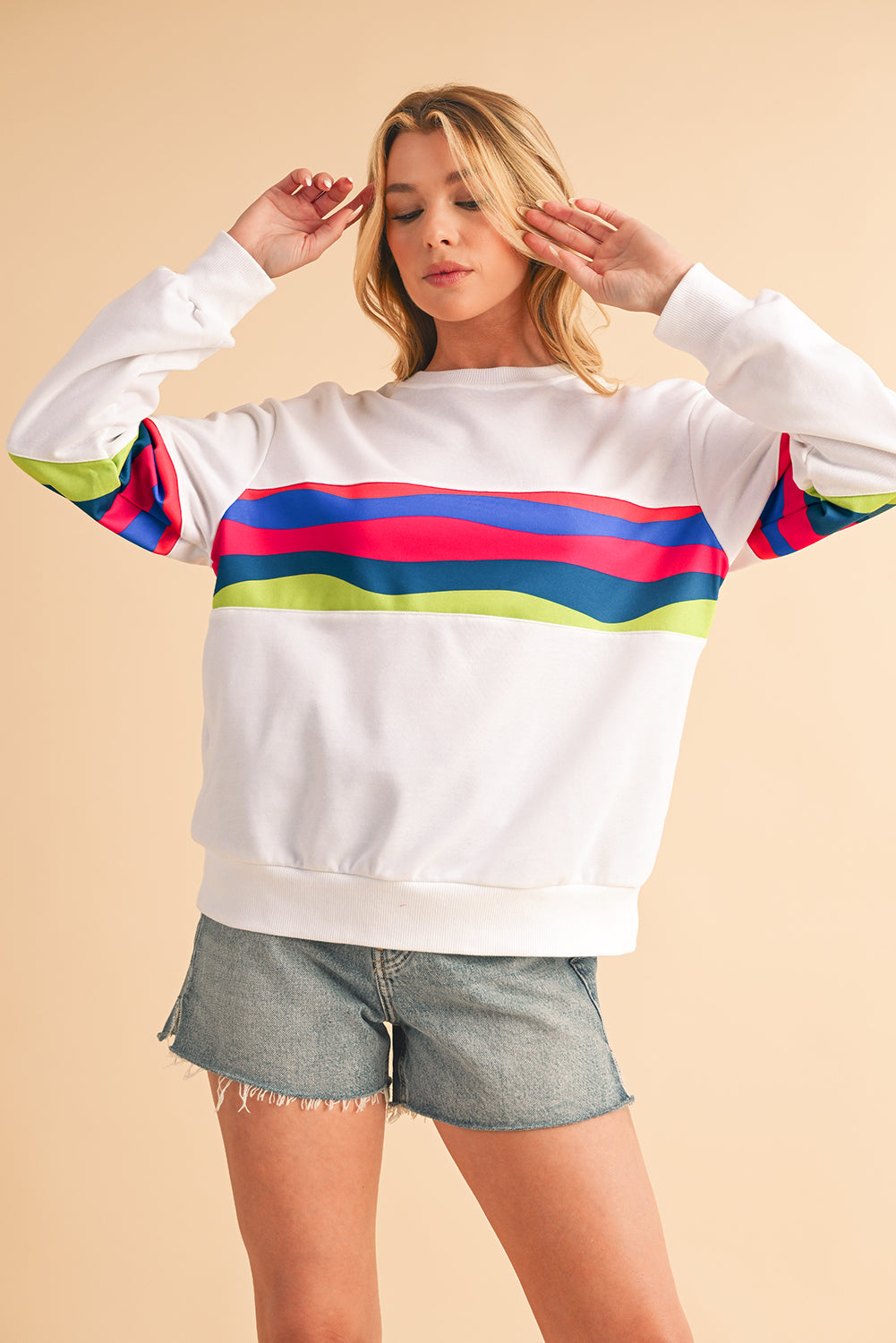 White Colorful Striped Round Neck Long Sleeve Top