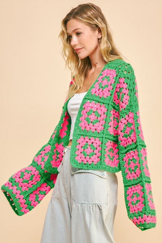 Boho Bloom Two-Tone Crochet Cardigan