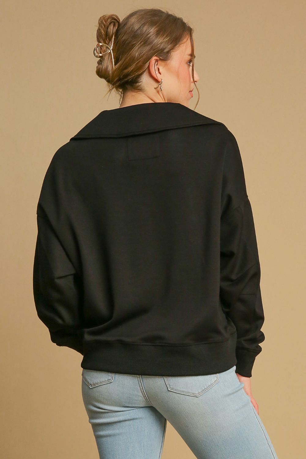 Black Johnny Collar Dropped Shoulder Sweatshirt