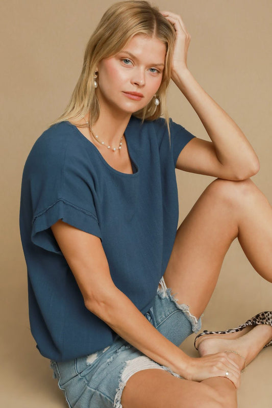 Blue Drawstring Hem Round Neck Short Sleeve T-Shirt