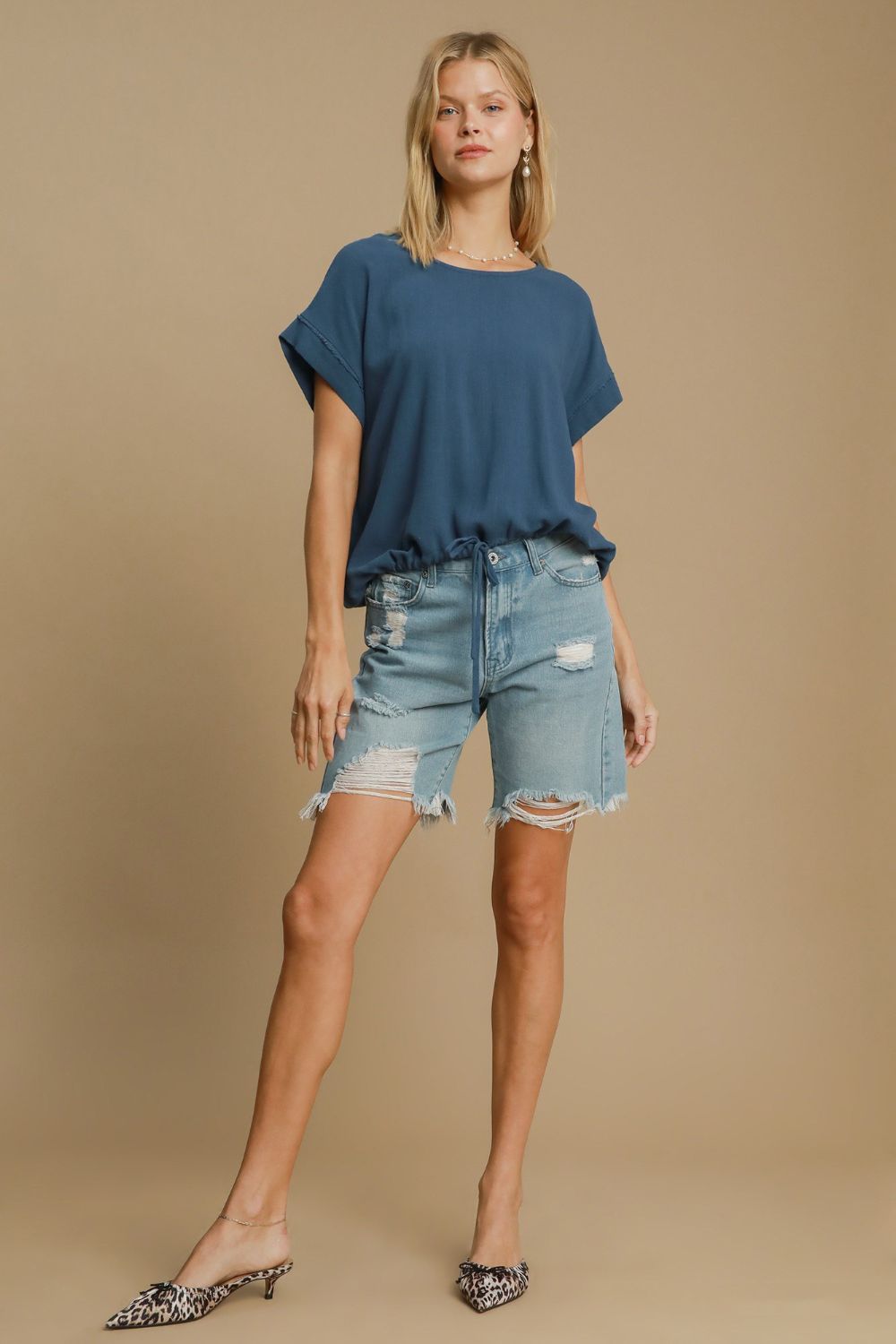 Blue Drawstring Hem Round Neck Short Sleeve T-Shirt