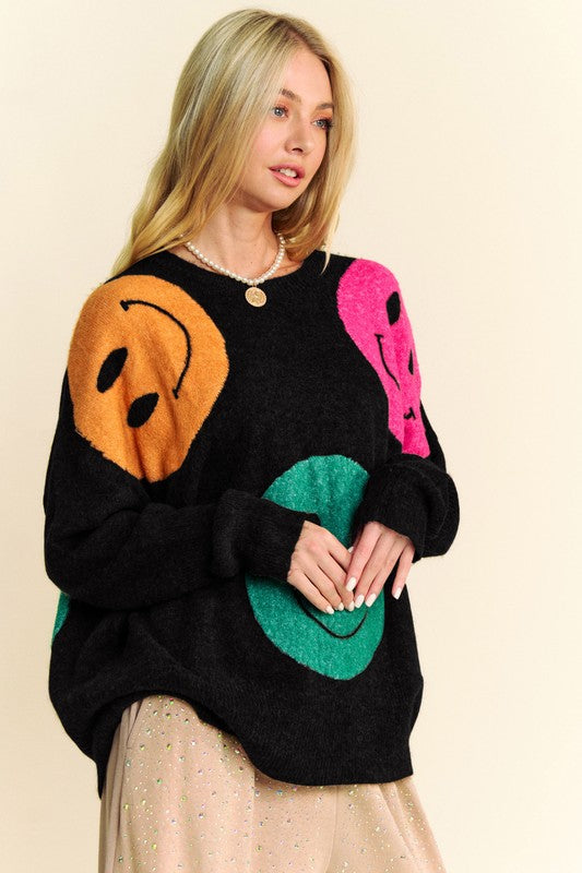 Black Smiley Vibes Oversize Sweater