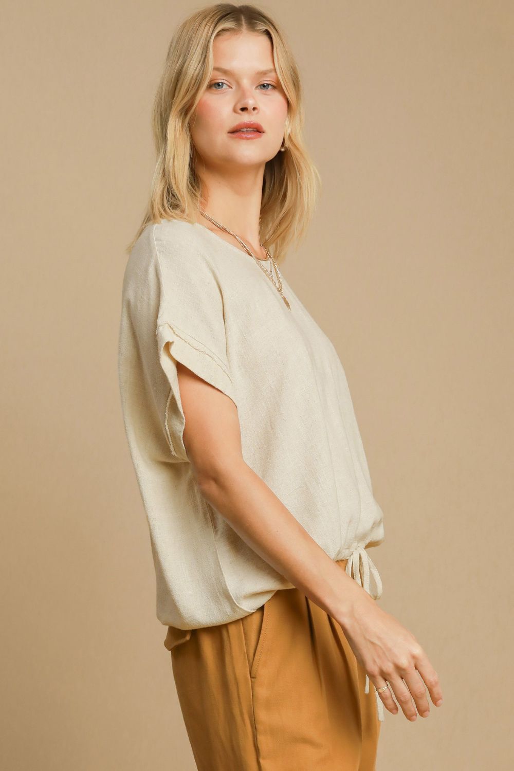 Cream Drawstring Hem Round Neck Short Sleeve T-Shirt