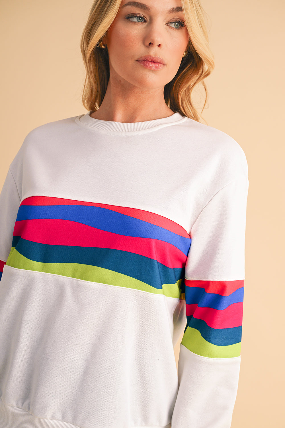 White Colorful Striped Round Neck Long Sleeve Top