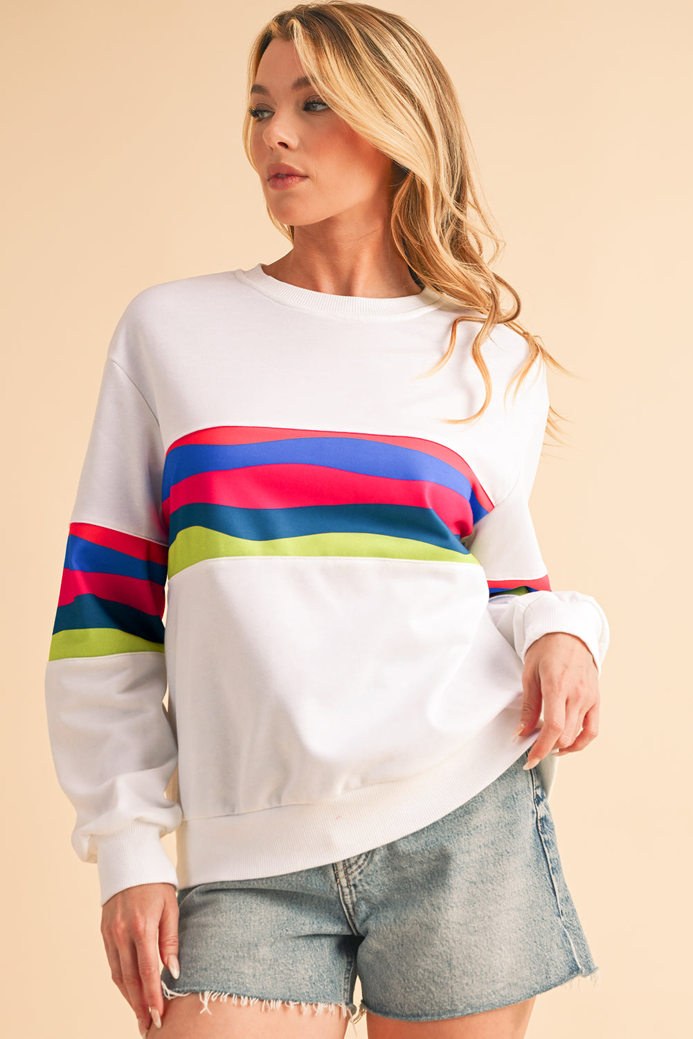 White Colorful Striped Round Neck Long Sleeve Top