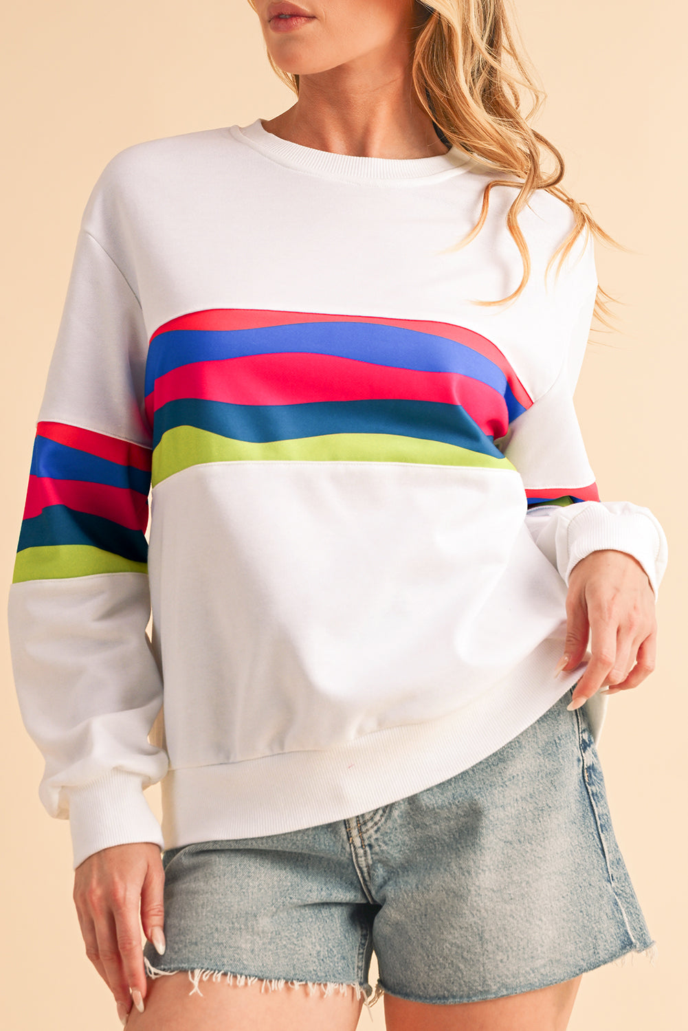 White Colorful Striped Round Neck Long Sleeve Top