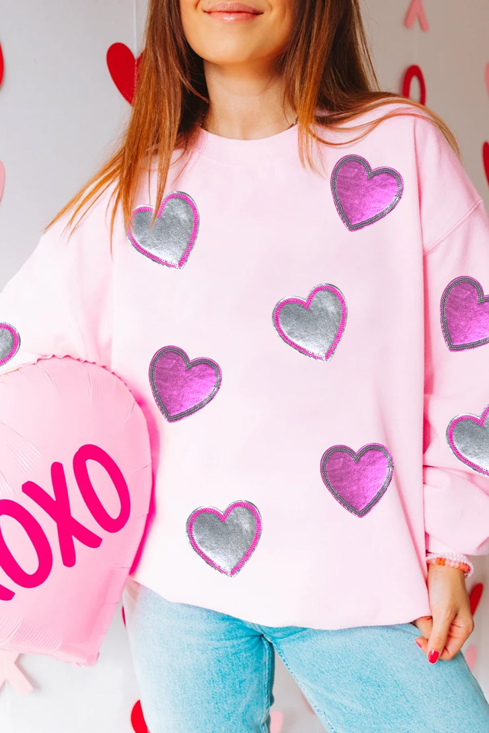 Pink Valentines Heart Patched Drop Shoulder Sweatshirt