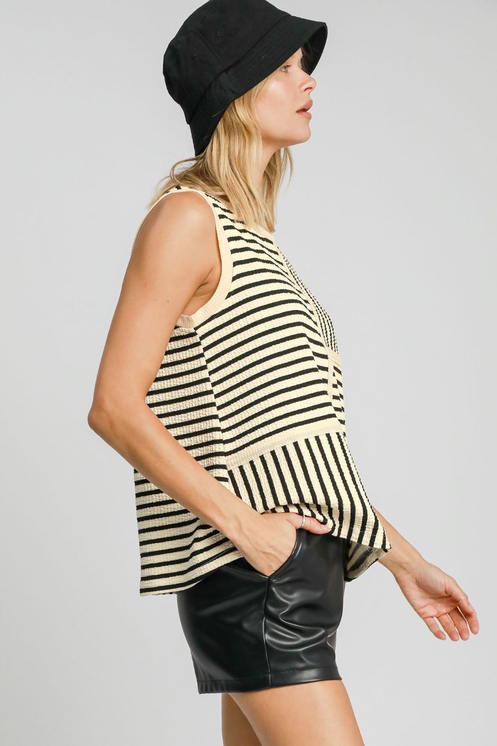 Cream Round Neck Texture Striped Tank