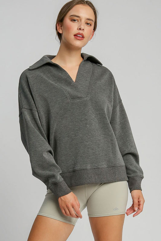 Charcoal Johnny Collar Dropped Shoulder Sweatshirt