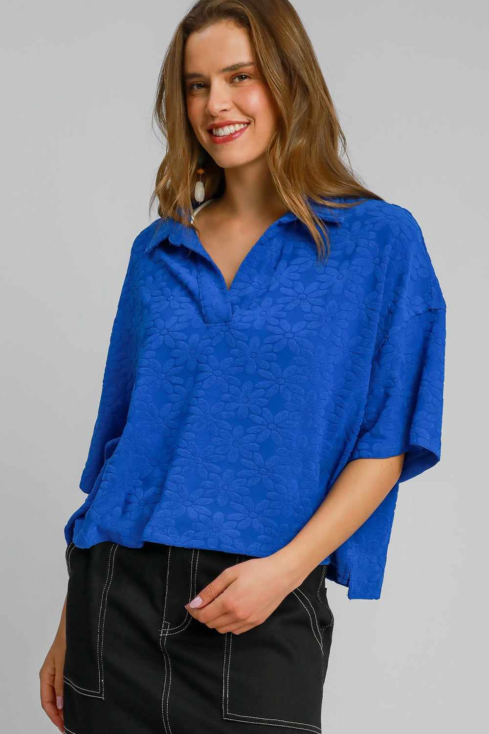 Blue Floral Johnny Collar Half Sleeve Jacquard Top