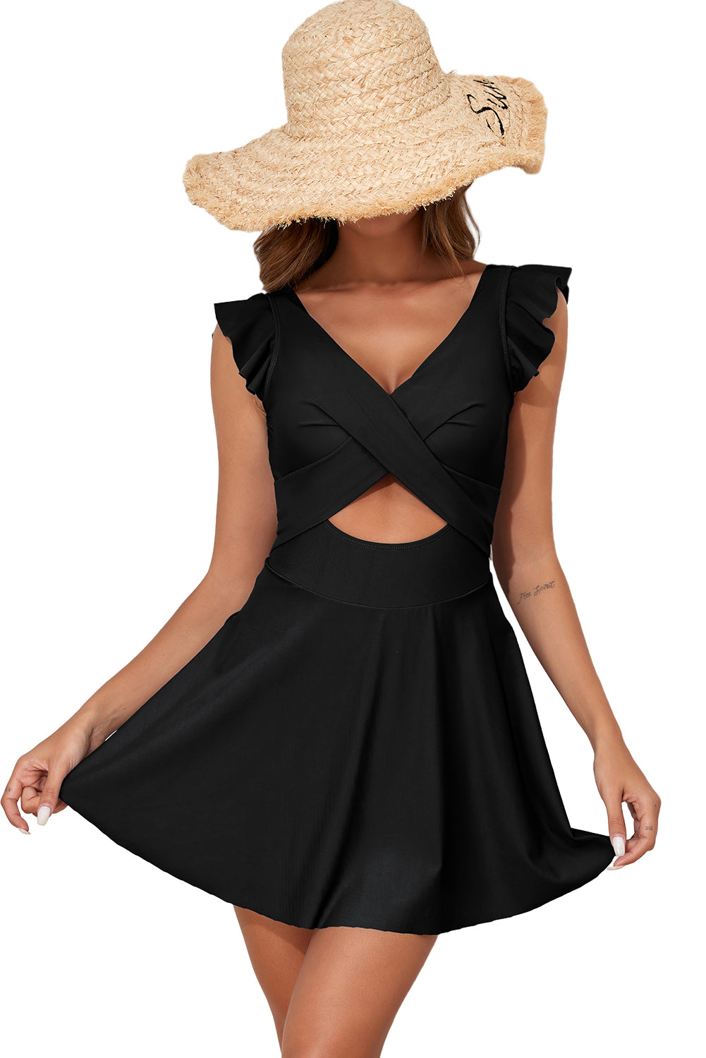 Black Cut Out Ruffle Crossed One Piece Swimsuit
