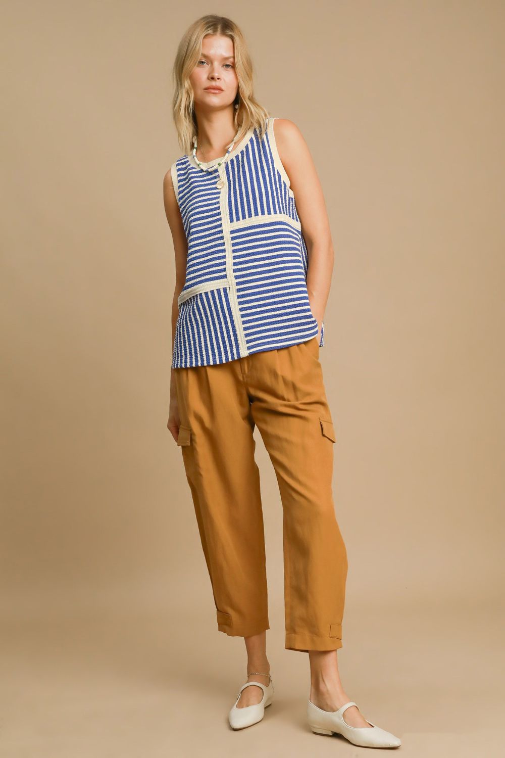 Blue Round Neck Texture Striped Tank