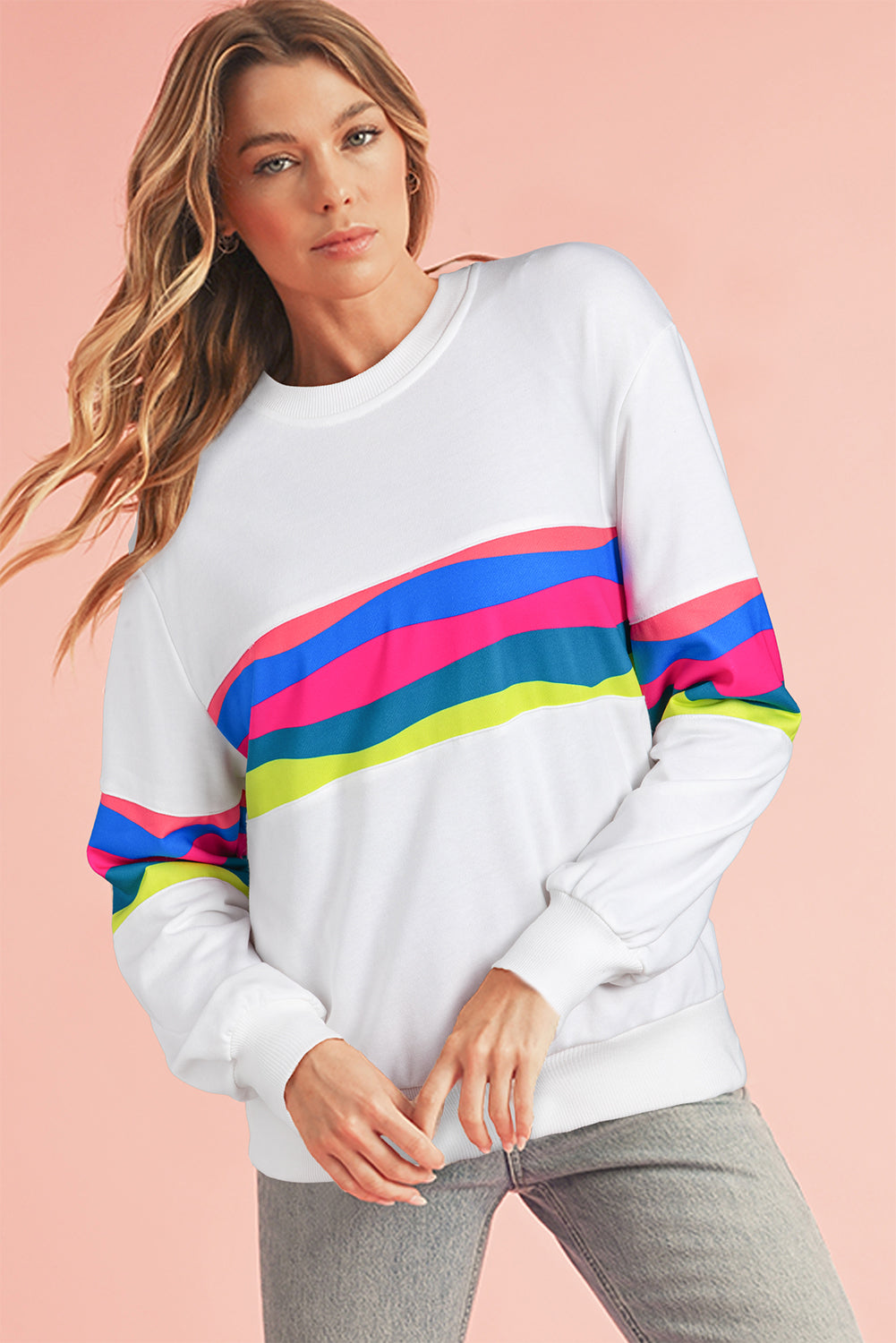 White Colorful Striped Round Neck Long Sleeve Top