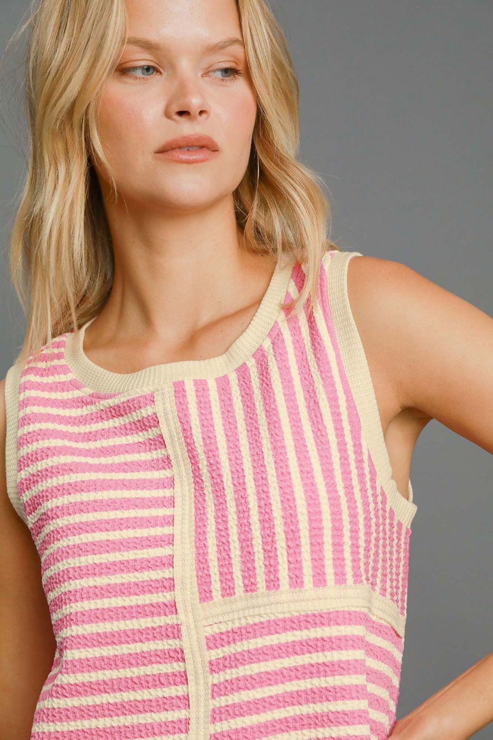 Pink Round Neck Texture Striped Tank