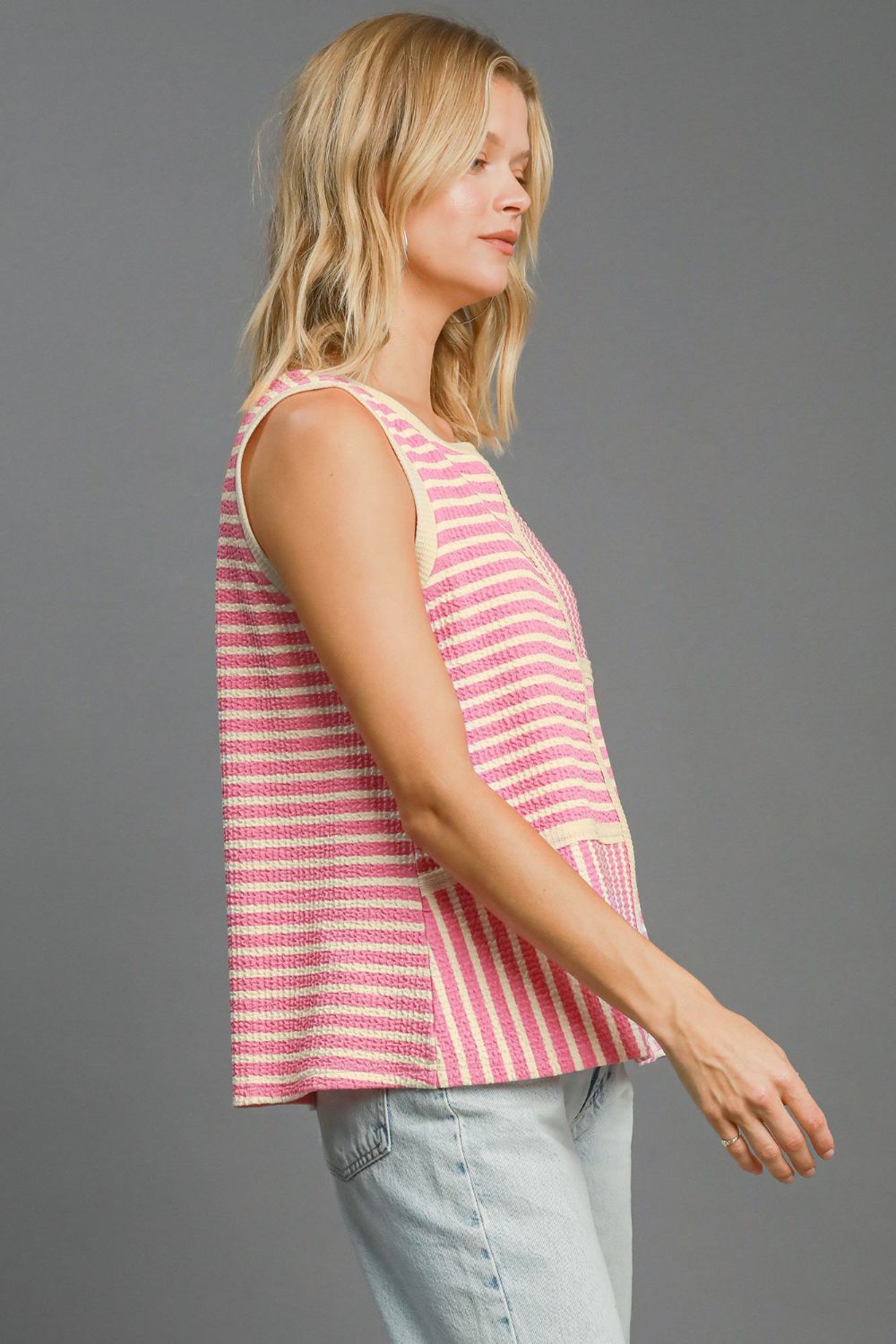 Pink Round Neck Texture Striped Tank