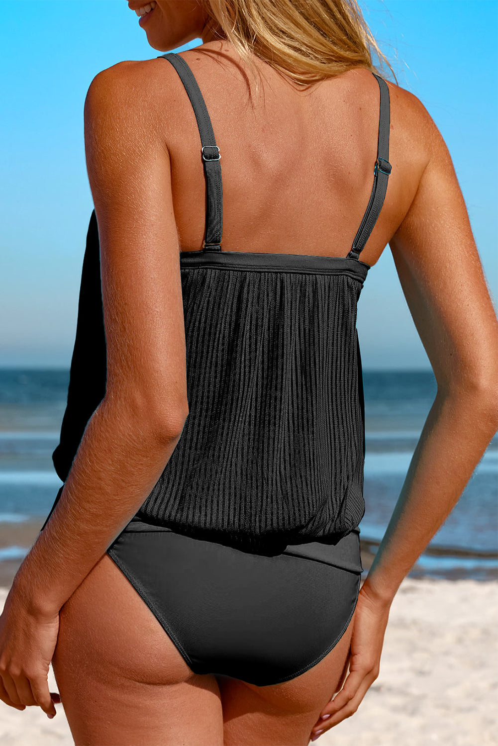 Striped Mesh Top and Knotted Bottom Tankini