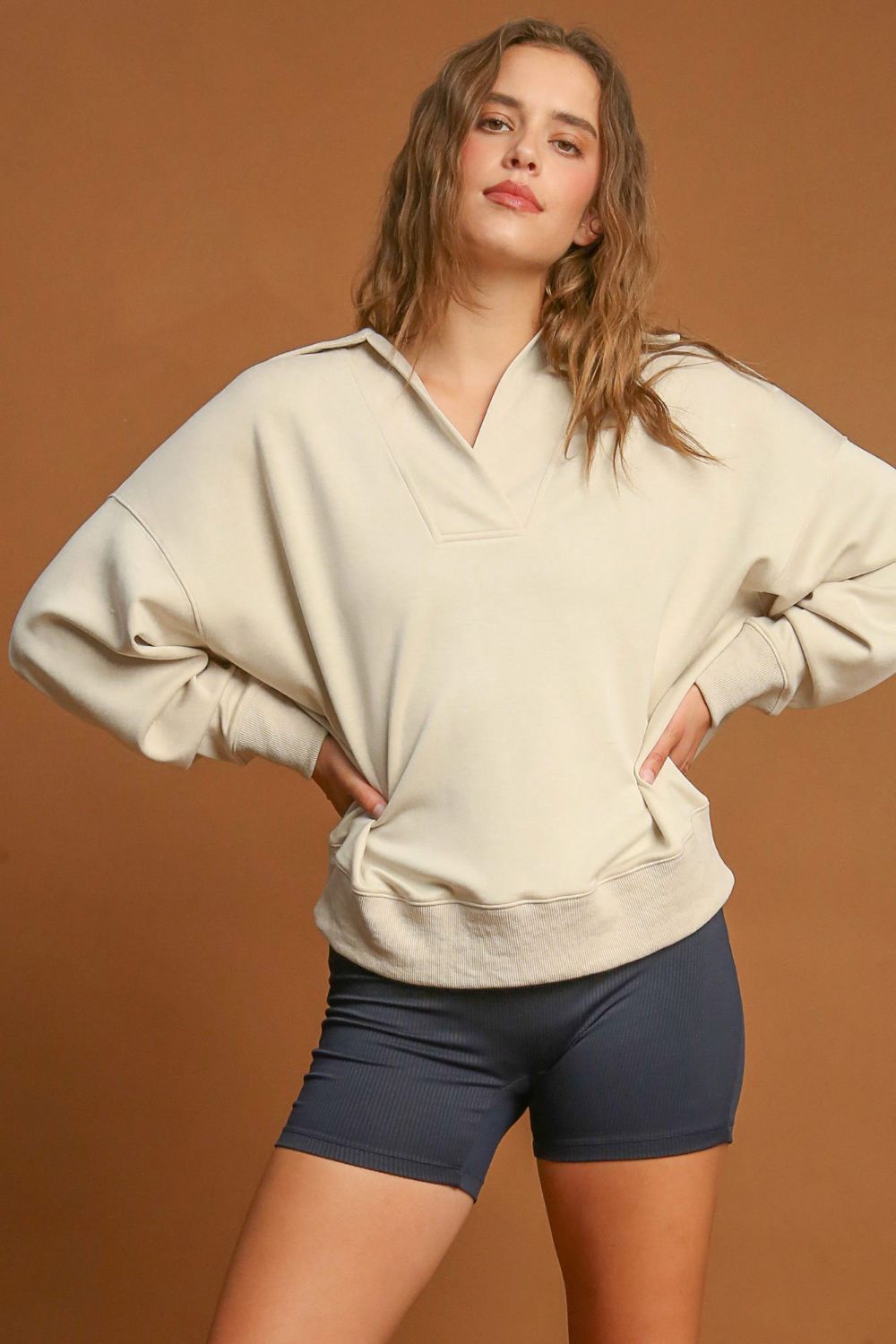 Cream Johnny Collar Dropped Shoulder Sweatshirt