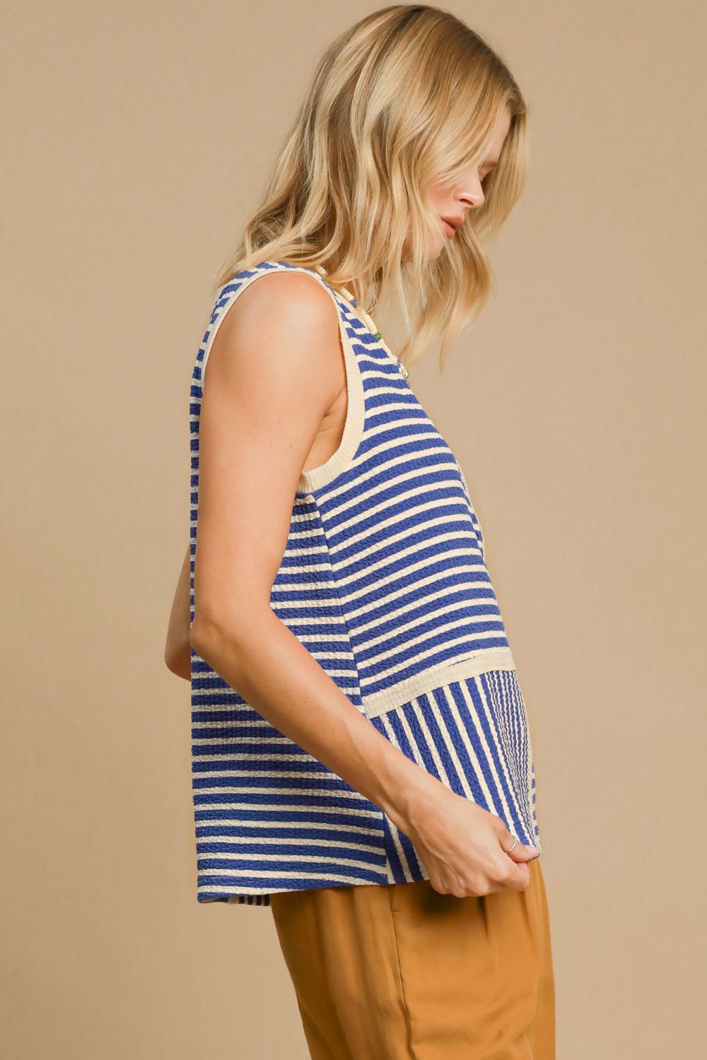 Blue Round Neck Texture Striped Tank