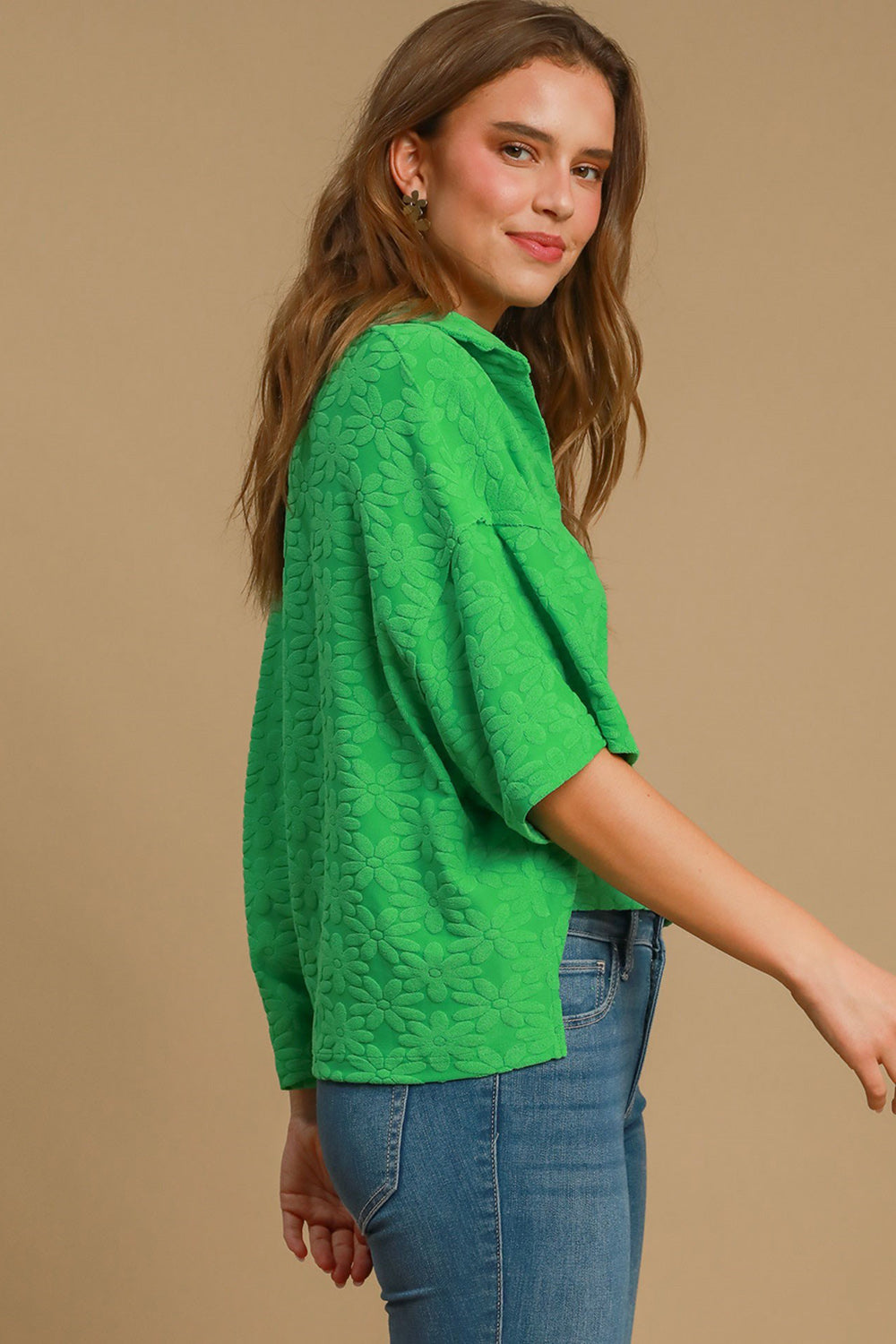 Green Floral Johnny Collar Half Sleeve Jacquard Top