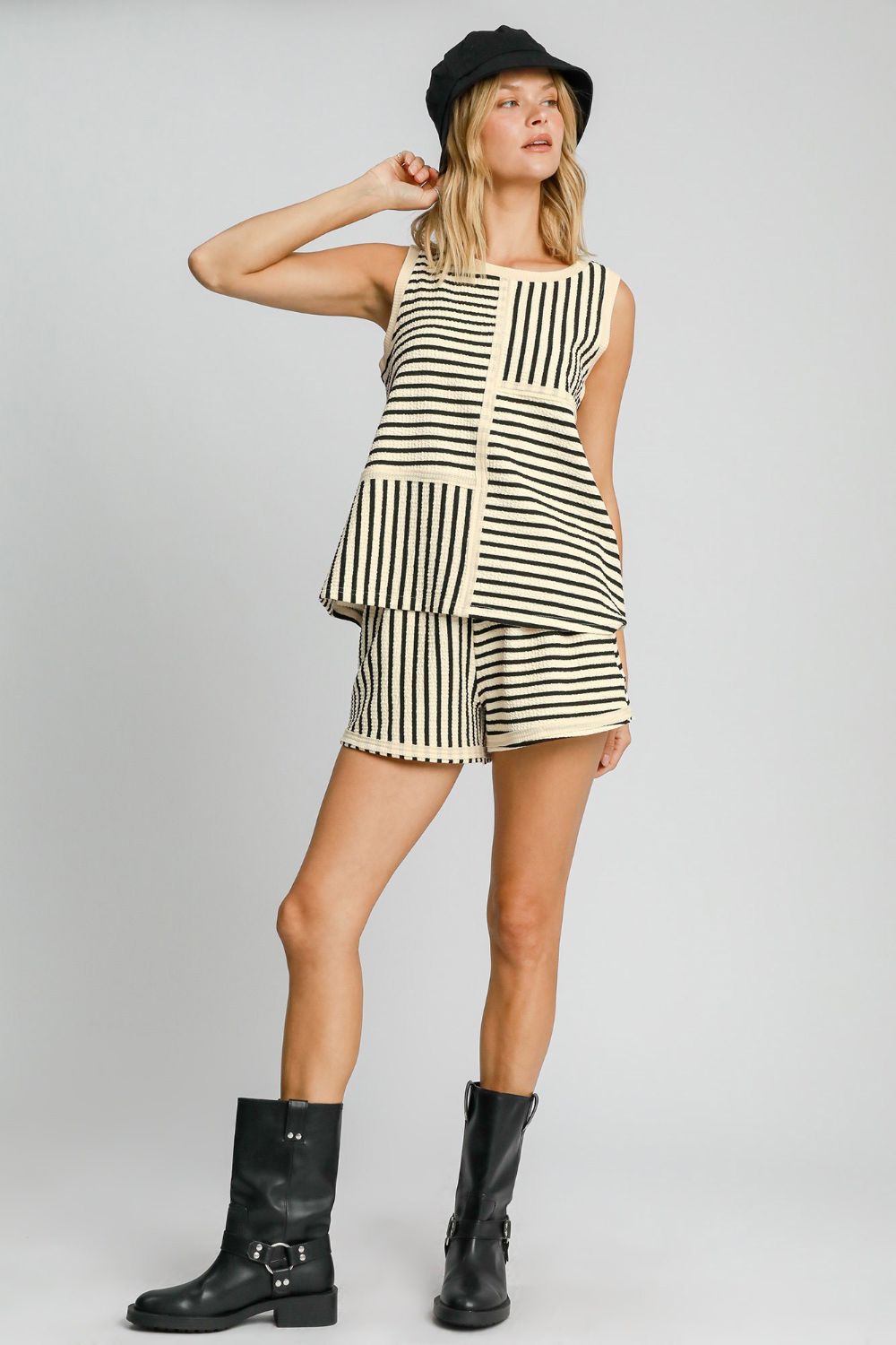 Cream Round Neck Texture Striped Tank