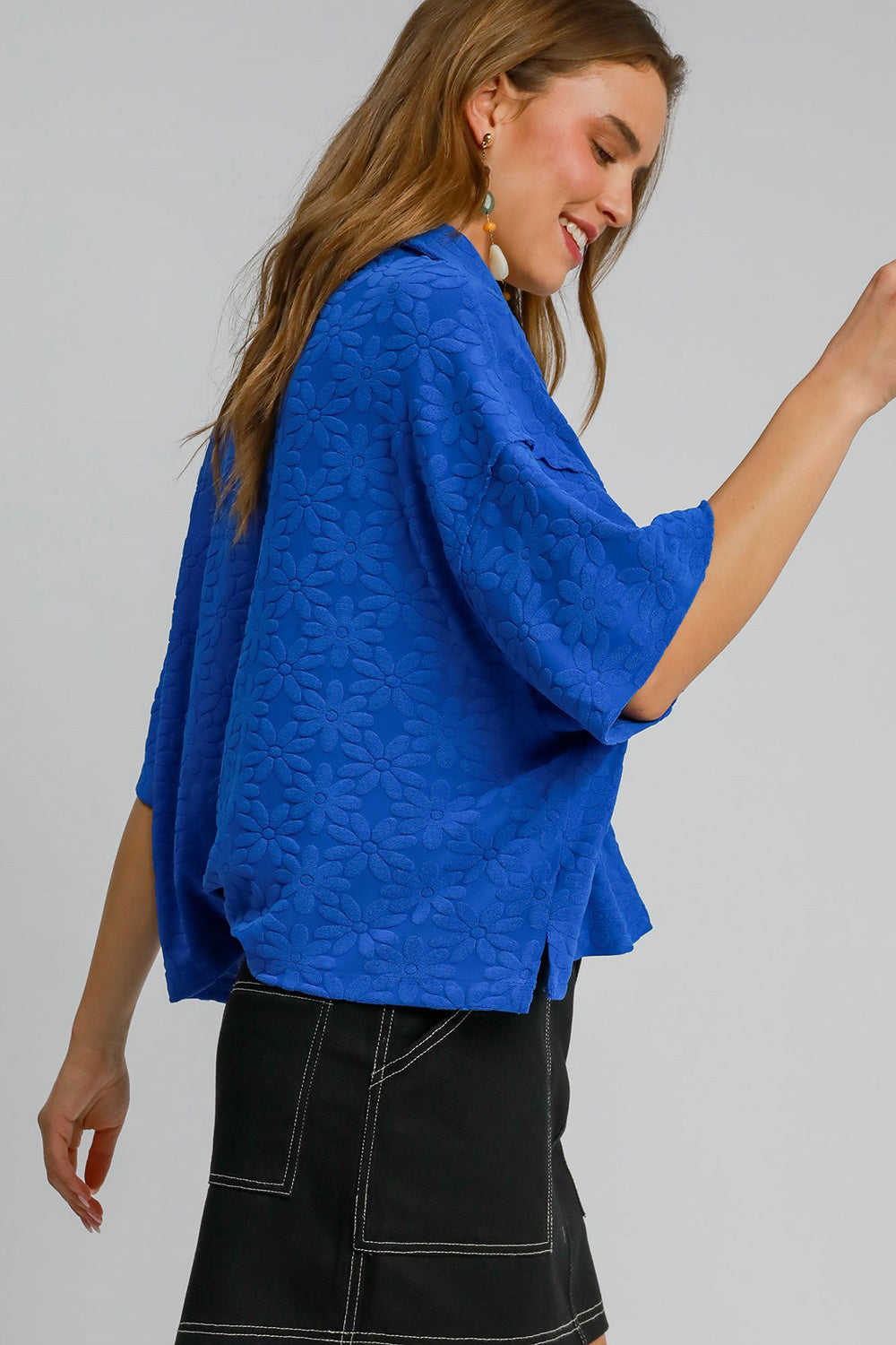 Blue Floral Johnny Collar Half Sleeve Jacquard Top