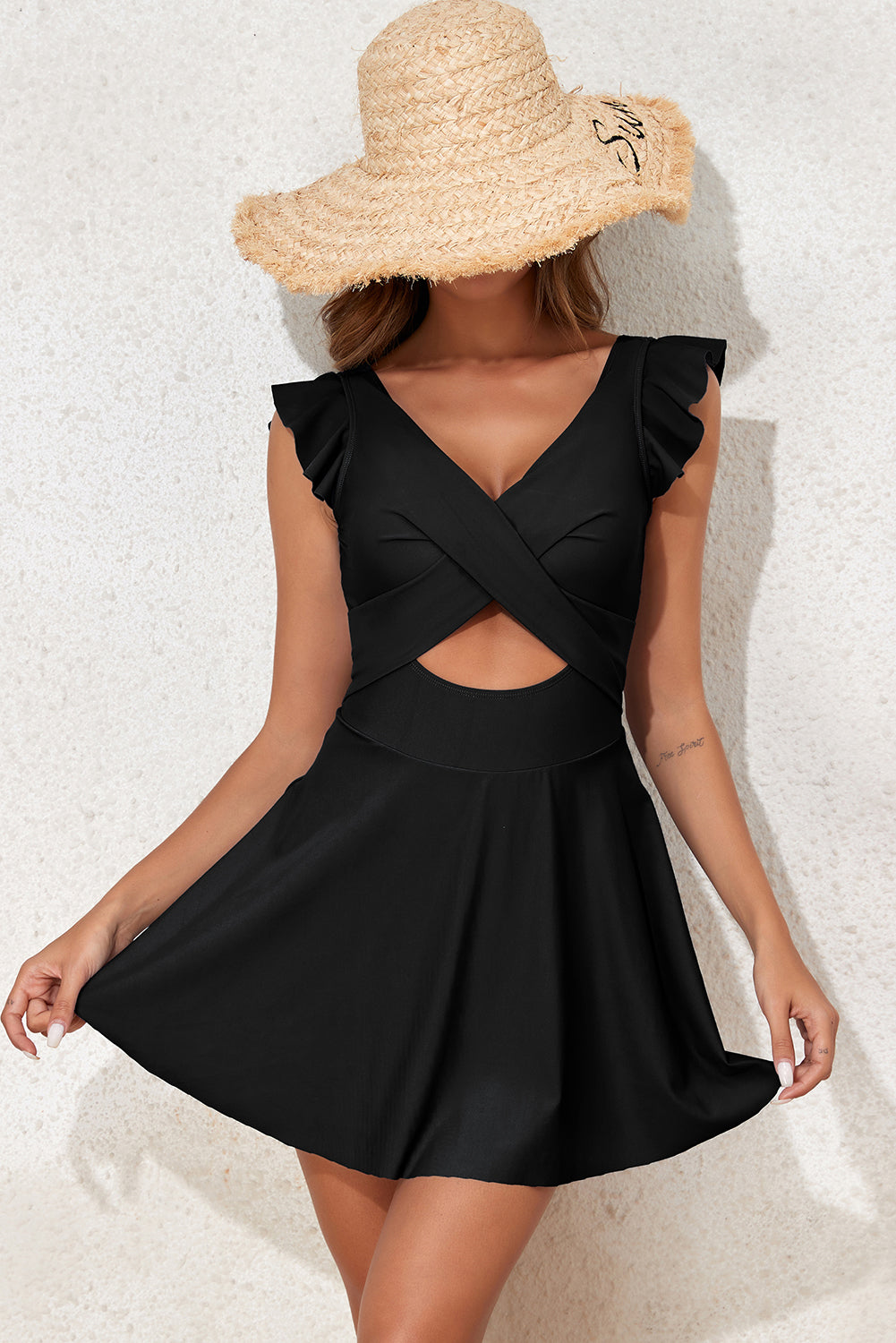 Black Cut Out Ruffle Crossed One Piece Swimsuit