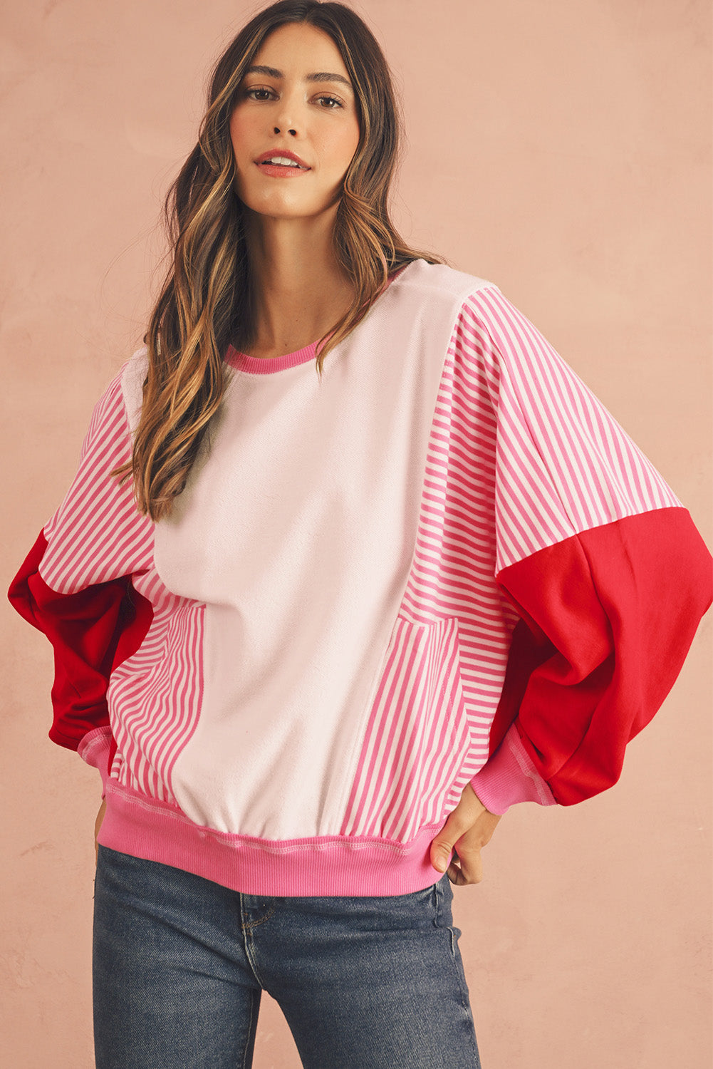 Rose Red Striped Patchwork Side Pocket Loose Sweatshirt