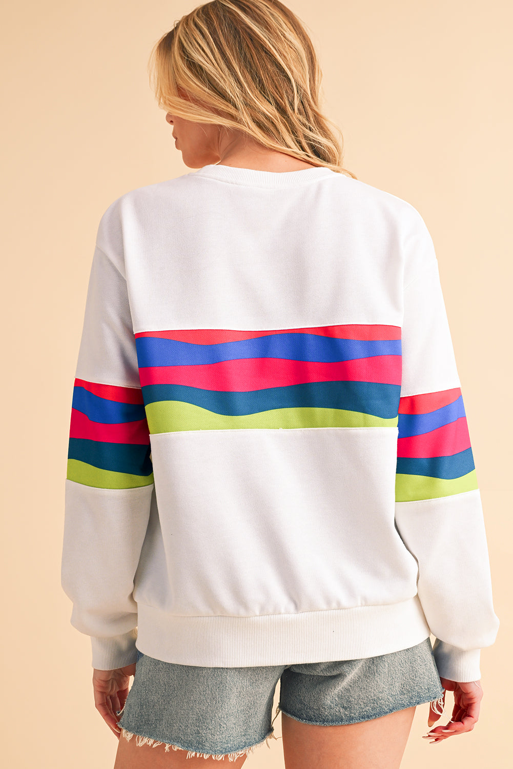 White Colorful Striped Round Neck Long Sleeve Top