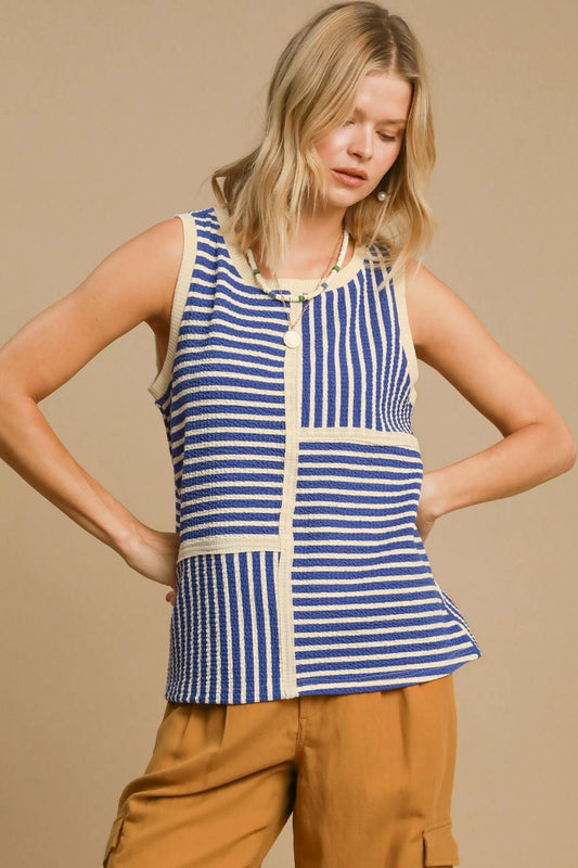 Blue Round Neck Texture Striped Tank