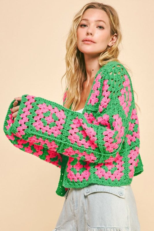 Boho Bloom Two-Tone Crochet Cardigan