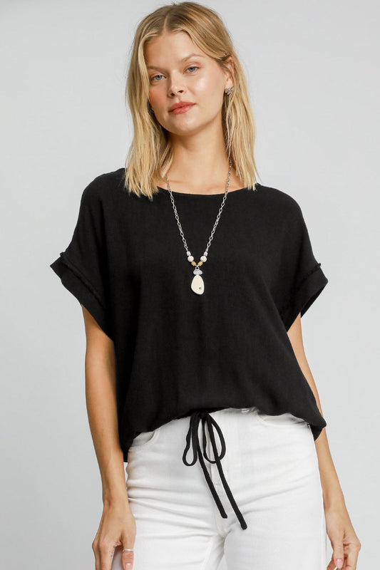 Black Drawstring Hem Round Neck Short Sleeve T-Shirt