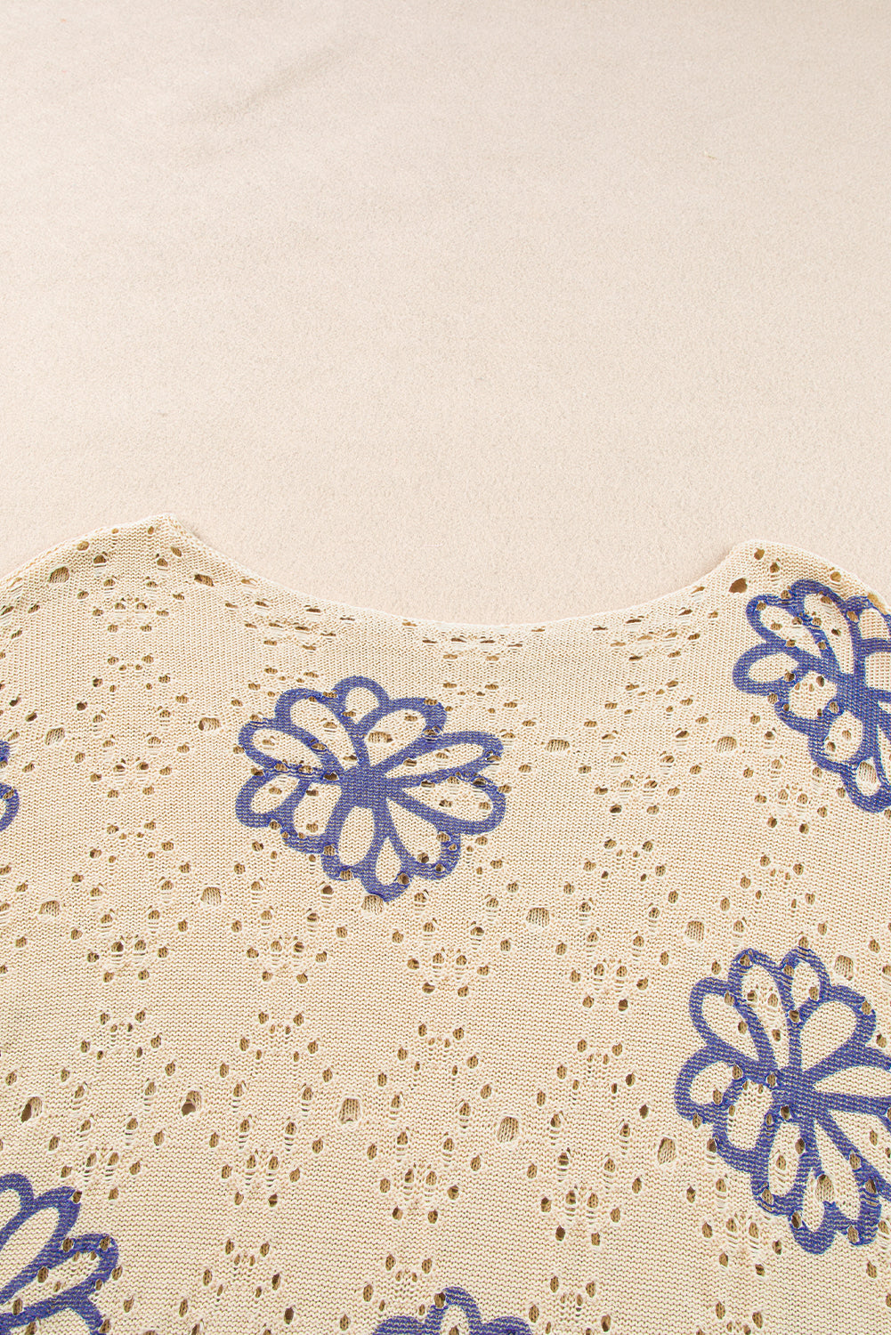 Beige Flower Print Drop Shoulder Hollow Knit Sweater