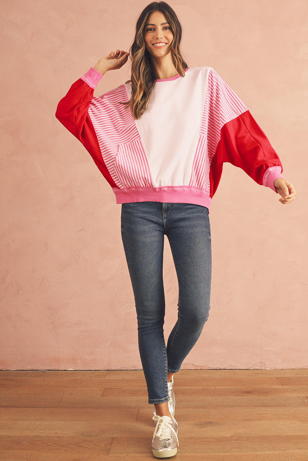 Rose Red Striped Patchwork Side Pocket Loose Sweatshirt