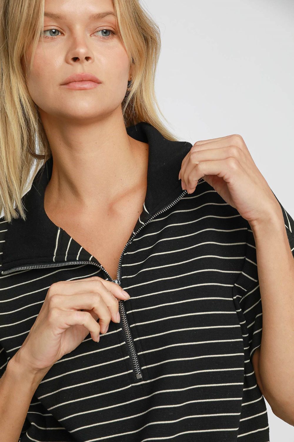 Striped Half Zip Short Sleeve Sweatshirt