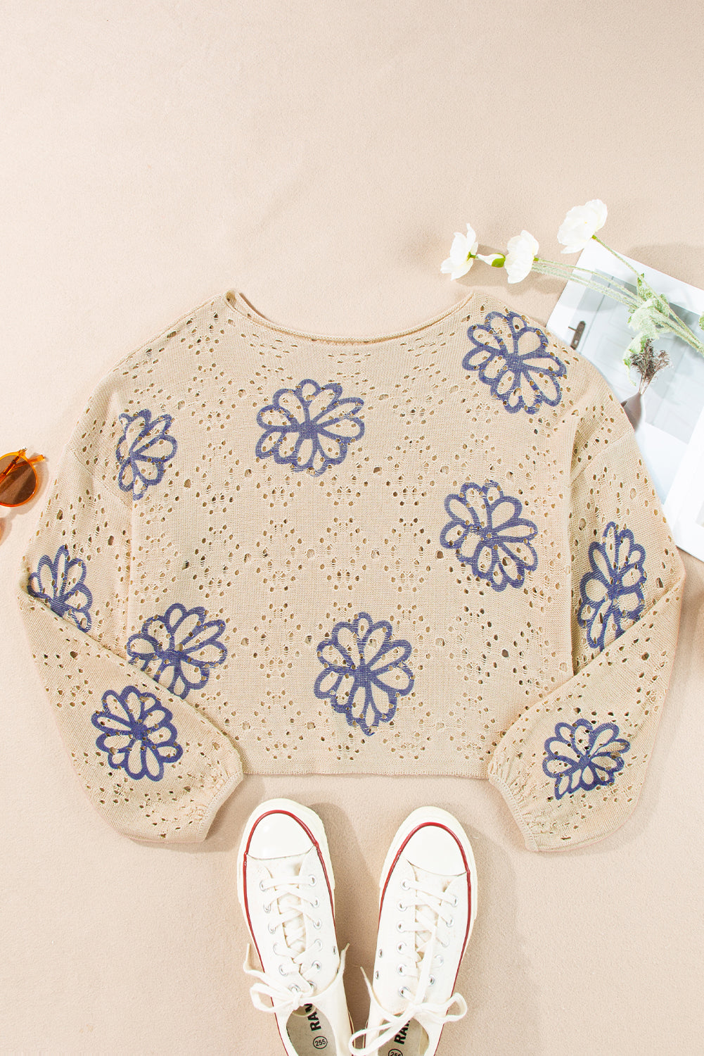 Beige Flower Print Drop Shoulder Hollow Knit Sweater