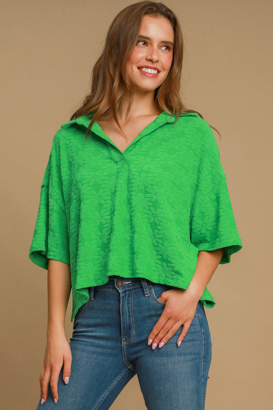 Green Floral Johnny Collar Half Sleeve Jacquard Top