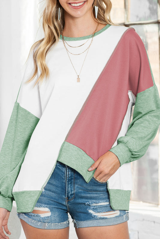 Pink Colorblock Stitching Irregular Hem Long Sleeve Top