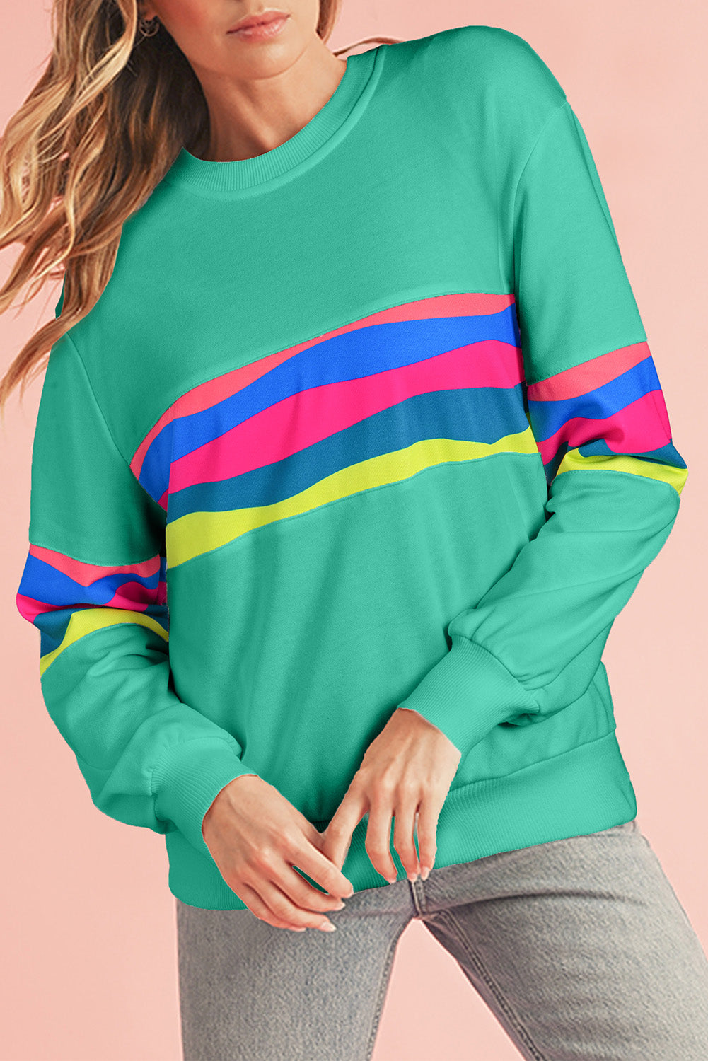 White Colorful Striped Round Neck Long Sleeve Top