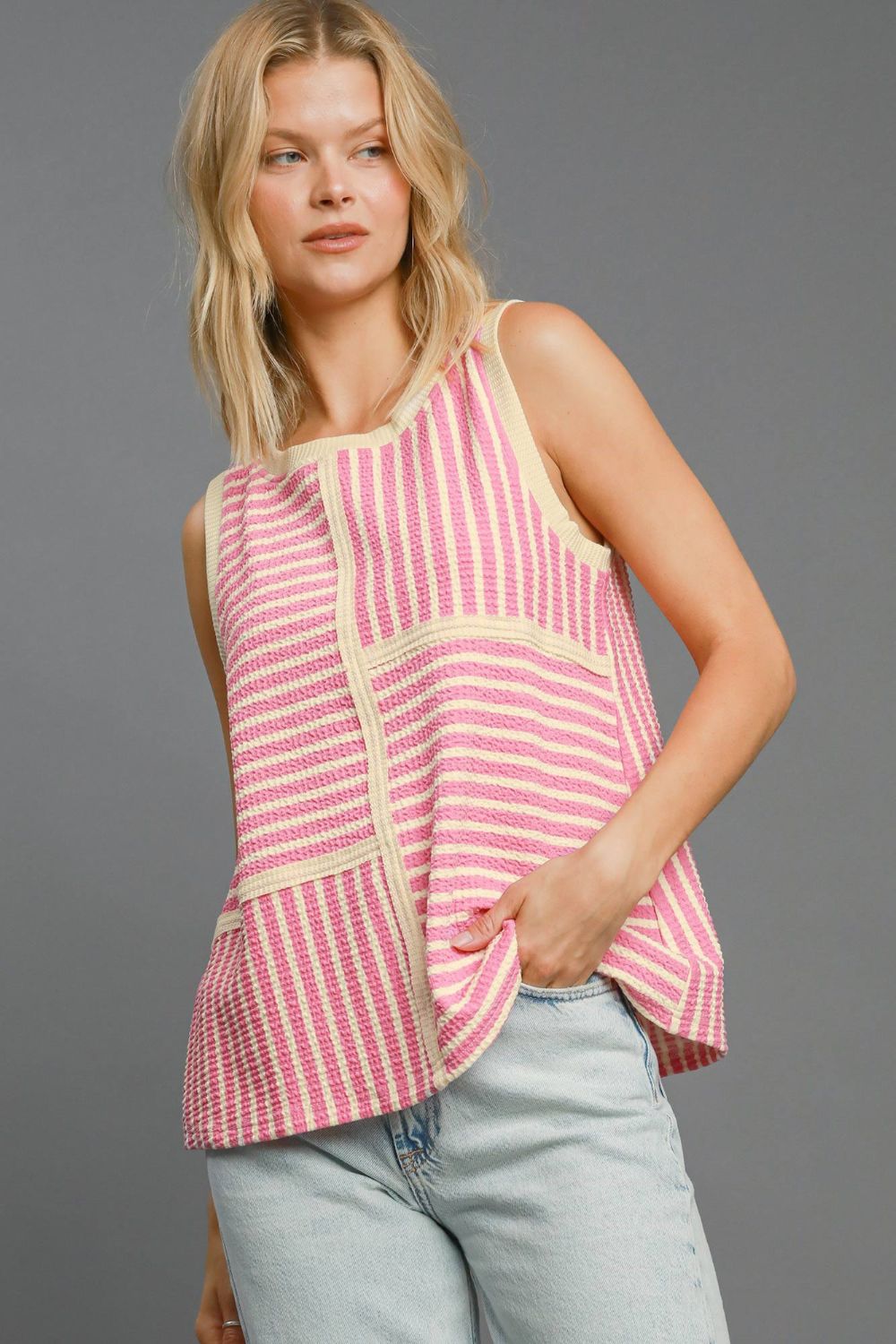 Pink Round Neck Texture Striped Tank