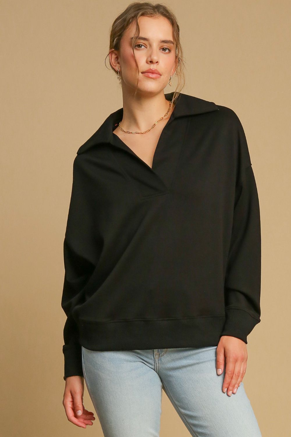 Black Johnny Collar Dropped Shoulder Sweatshirt