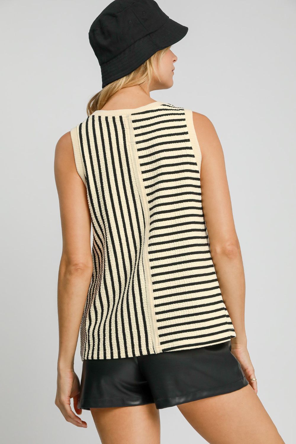 Cream Round Neck Texture Striped Tank